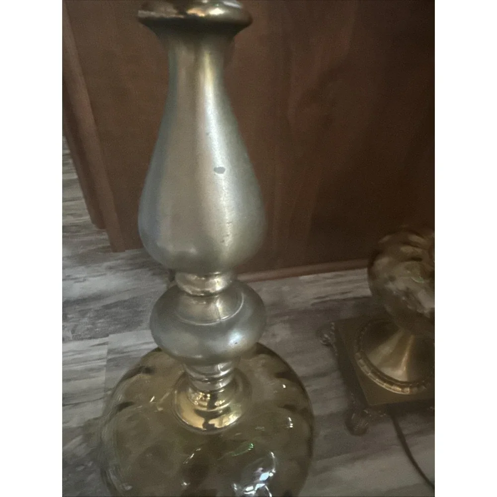 Set Of 2 Vintage Brass Table Lamps Amber Glass Globe 35